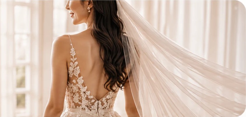 A bride in a lace gown, looking out of a bright window