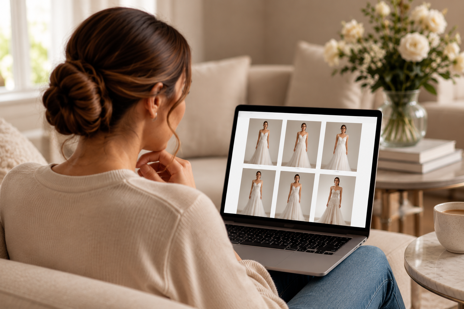 Bride browsing a collection of wedding dresses on her laptop