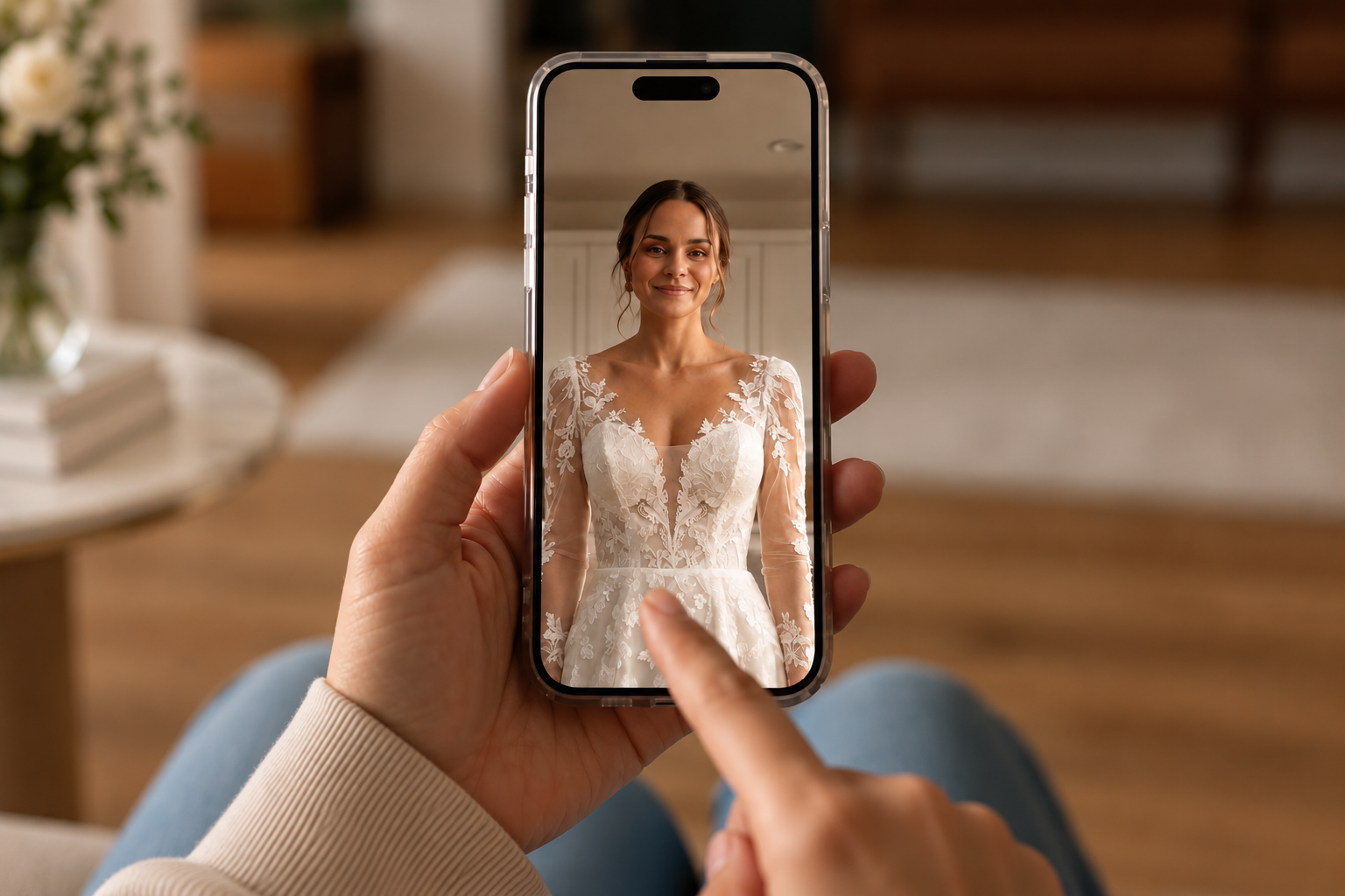 Bride seeing herself in a gown live on her phone screen