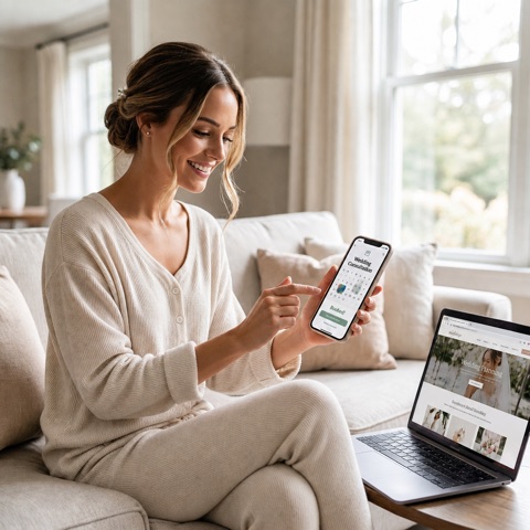 Stylist scheduling a virtual try-on session from her phone and laptop