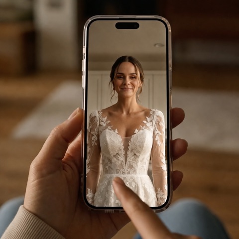 Bride viewing herself in a gown on her phone screen