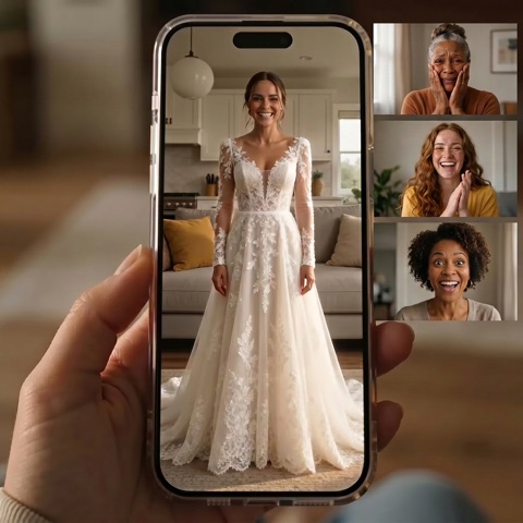 Bride's family and friends reacting live on a video call
