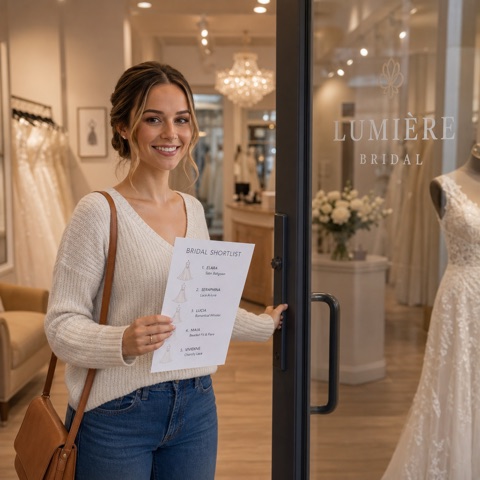 Bride arriving at the boutique with her shortlist