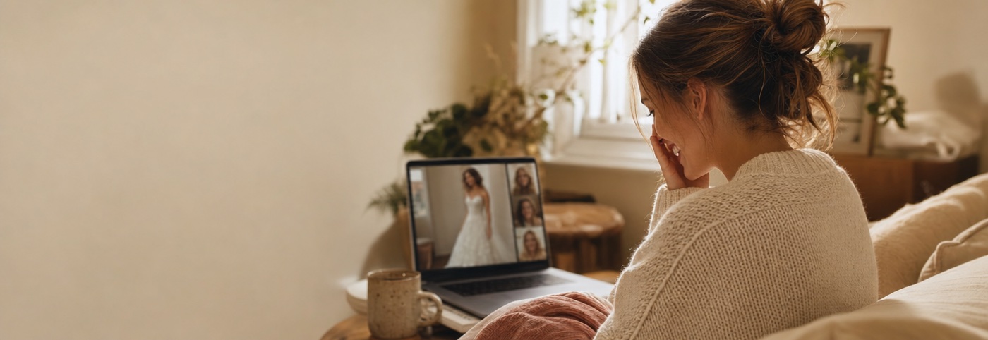 A bride's mother watching her try on a gown live from home