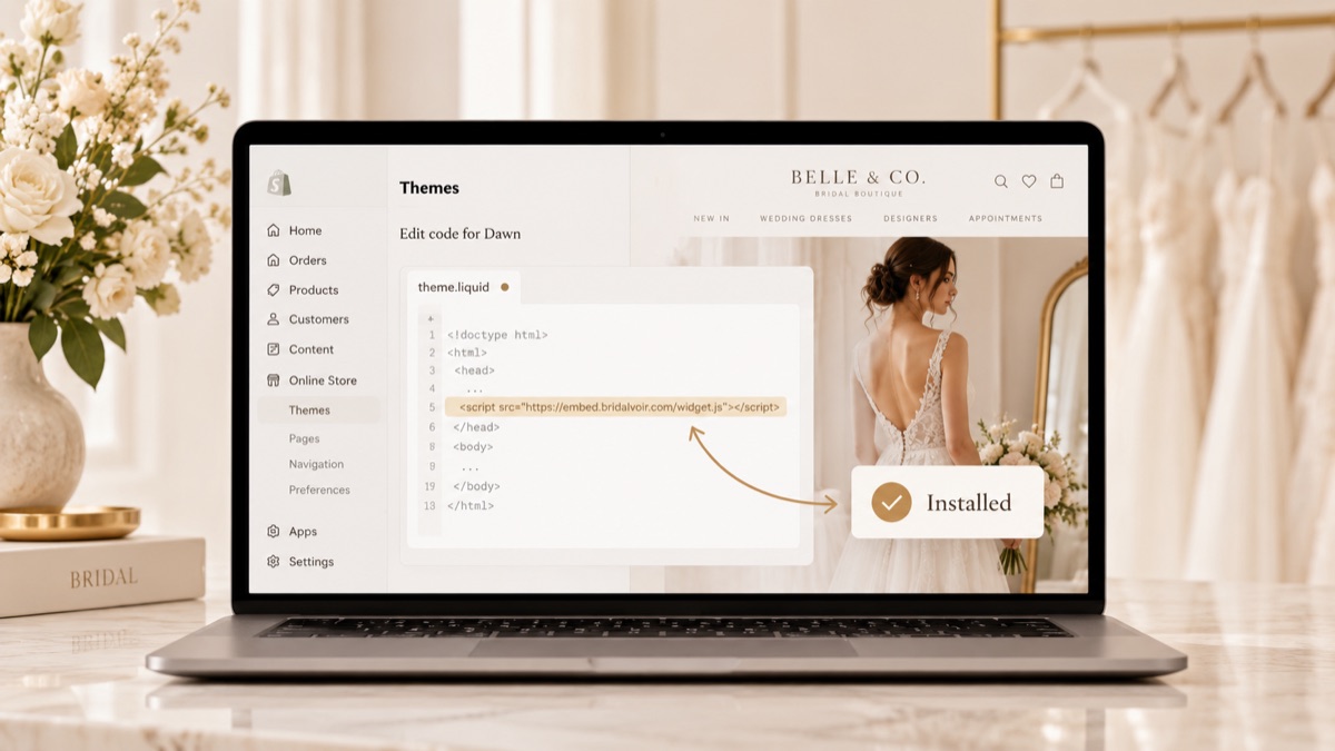 A laptop showing a Shopify theme editor with one line of code added to the site's header, next to a bridal boutique website marked Installed