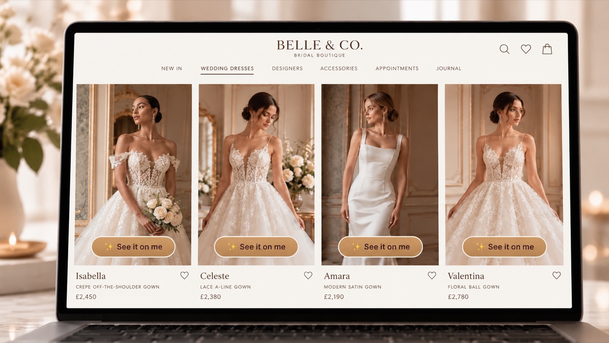 A boutique's wedding dresses page with a Wear It button on each gown photo