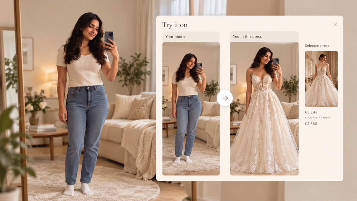 A bride photographing herself in her living room, and a preview showing her in the lace gown she chose